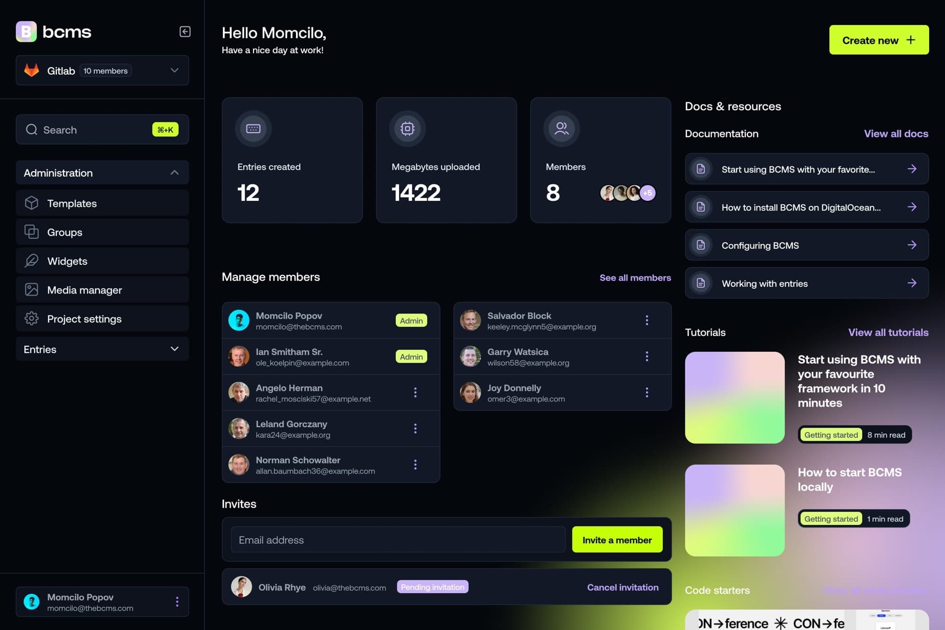 BCMS dashboard